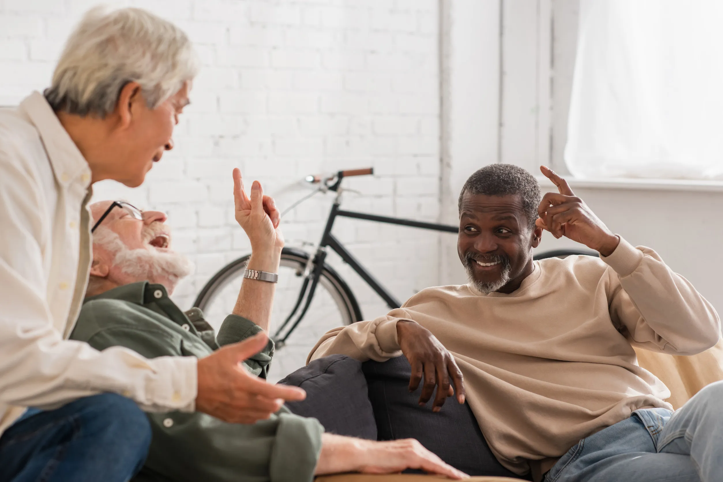 Cheerful multicultural elderly men talking on couch at home